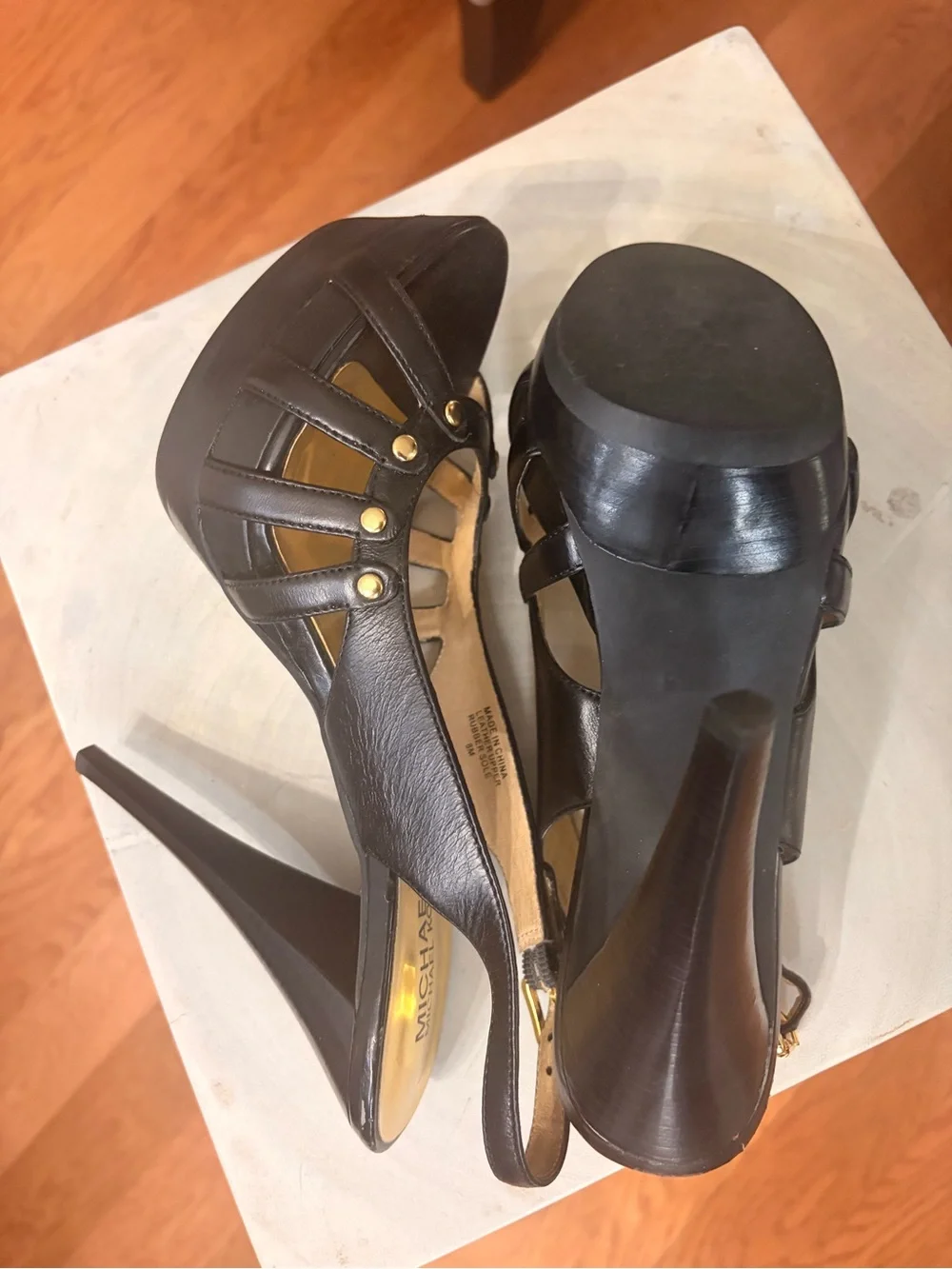 Michael Kors Black Leather Platform Slingback Sandals with Gold Insole